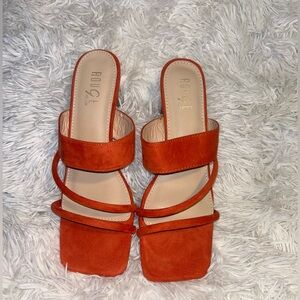 Orange faux suede straps open toe sandals with a clear heel. NEVER WORN